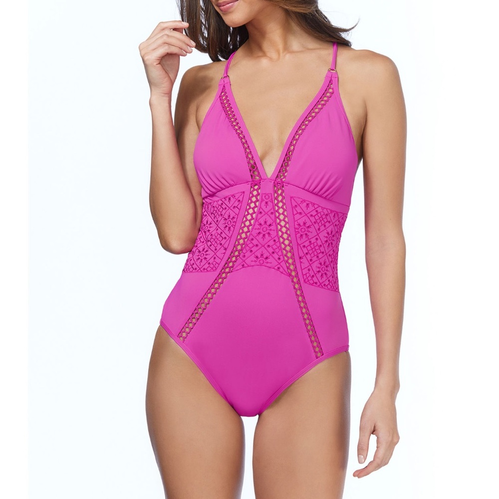 Nwt Vibrant Pink‎ Halter straps back low cut back one piece Swimsuit